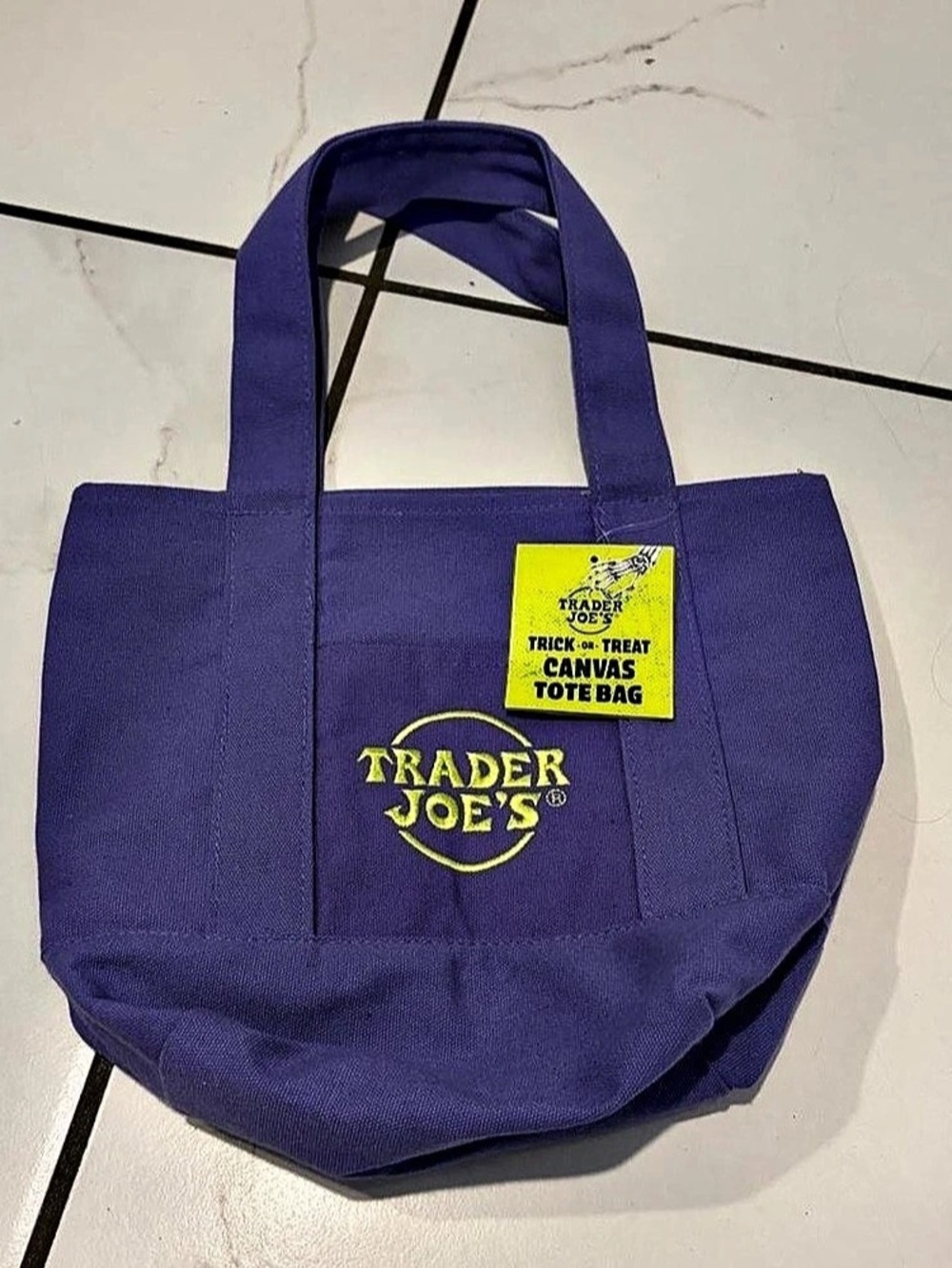 Trader Joe's Trick-or-Treat Mini Canvas Tote Bag Purple and Green